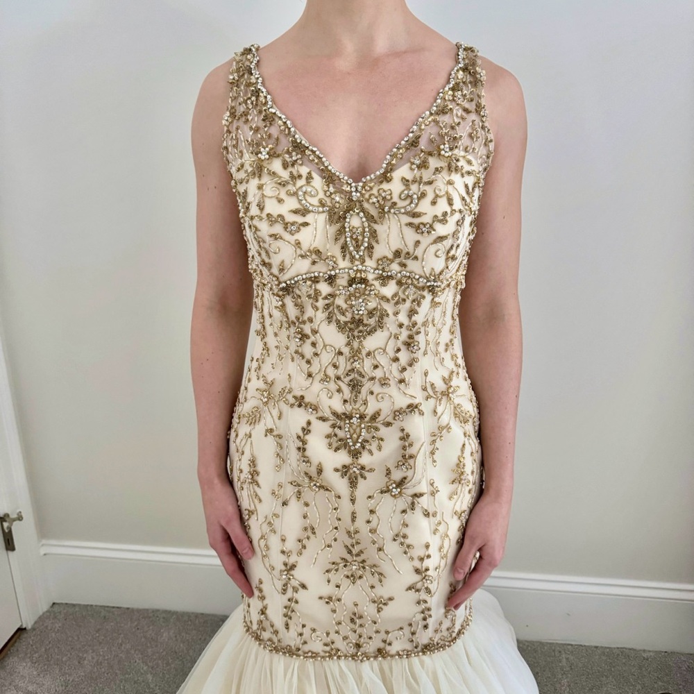 NWOT Impression Bridal Mermaid Wedding Dress V-neck Gold Ivory Beaded Pearls 8